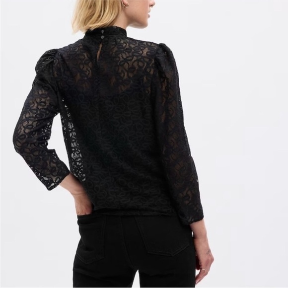 GAP Black Lace Long Sleeve Sheer Mock Neck Blouse Top Small - Picture 2 of 8